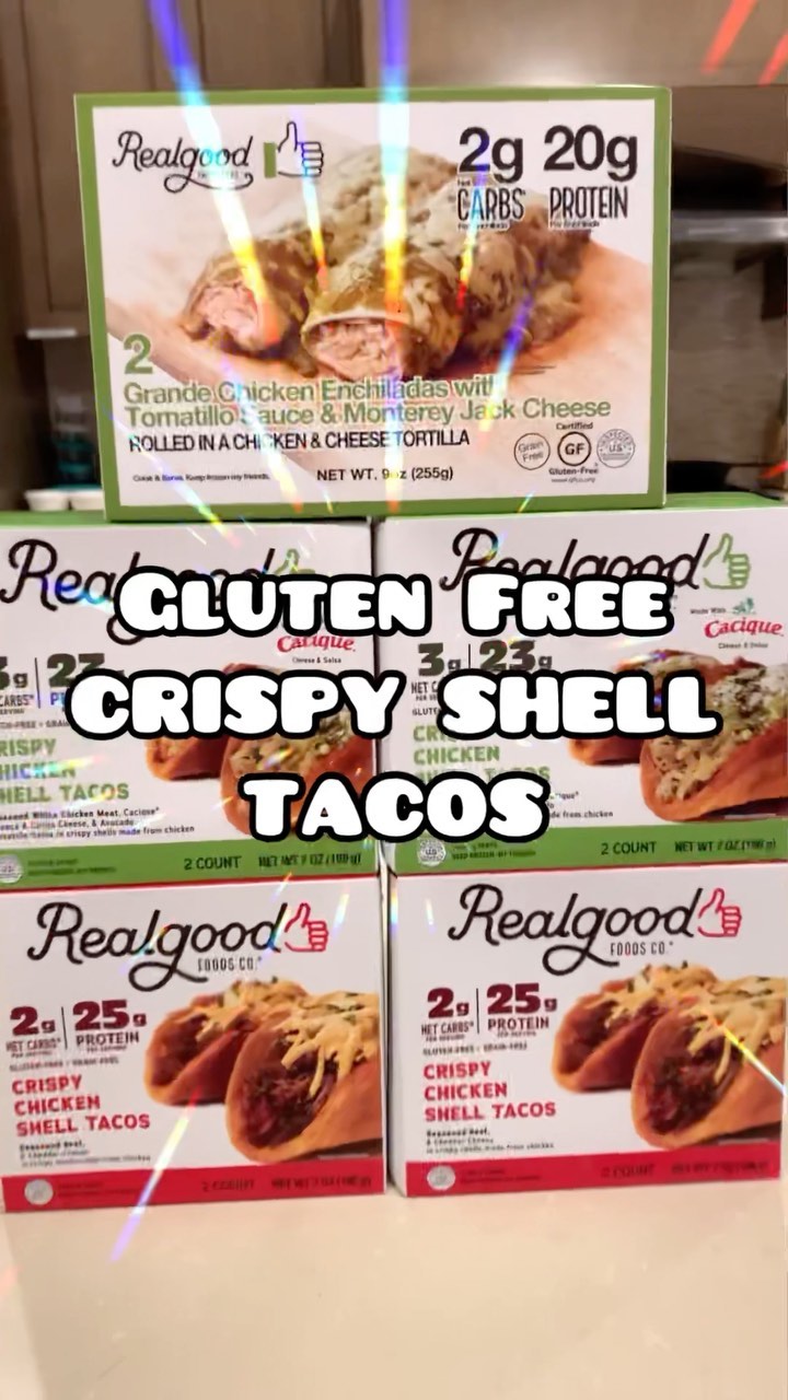 Instagram post by @joelvthocfit for Real Good Foods. Caption reads: 👉🏽 CRISPY CHICKEN SHELL TACOS⁣⁣
⁣⁣
Ready for a....