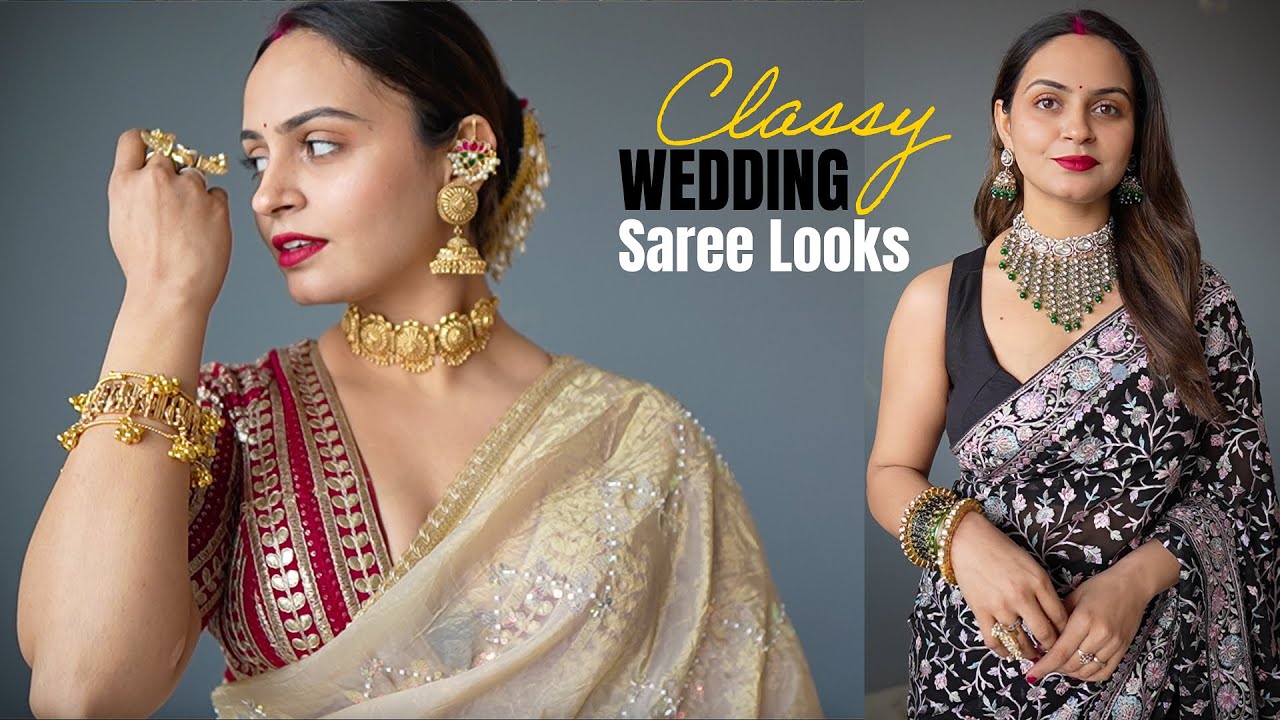 YouTube post by @SimranNikky for Wishlink. Caption reads: Classy Wedding Saree Looks from MYNTRA.