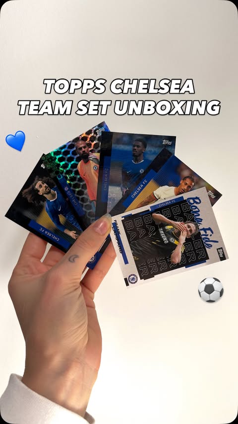 Instagram post by @thesportydb for Topps. Caption reads: unboxing the @toppsfc Chelsea team set 💙⚽️....