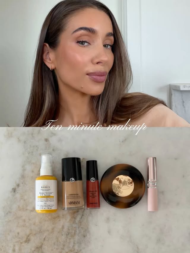 Instagram post by @emilietommerberg for Lancôme. Caption reads: Ad. Busy day approved makeup routine✨ Quick, glowy....
