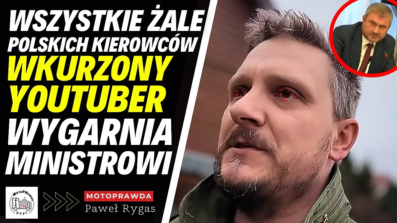 YouTube post by @MotoPRawda for Mubi.pl. Caption reads: Motoprawda wygarnia ministrowi. Kierowcy zapłacą....
