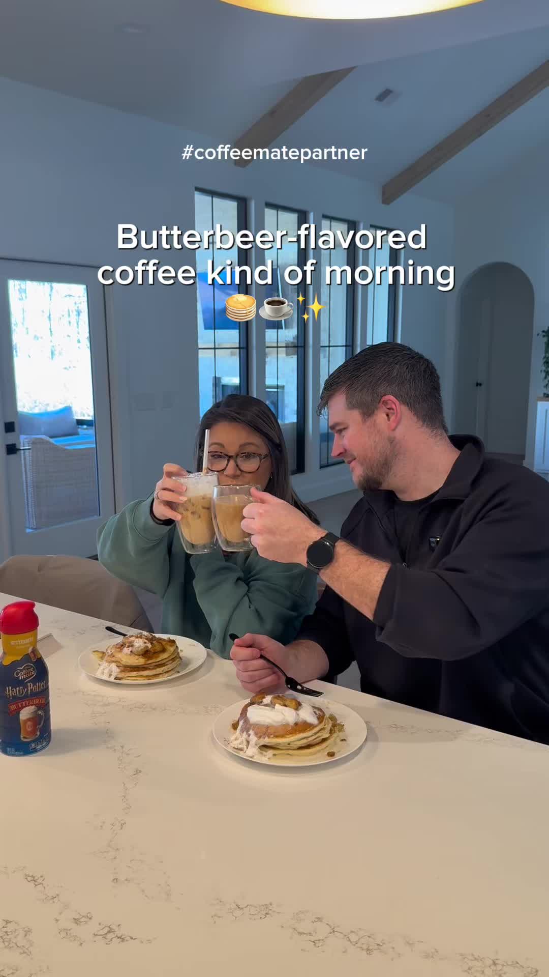 TikTok post by @tylergrowthlife for Coffee Mate. Caption reads: #ad @Coffee mate Harry Potter Butterbeer flavored....