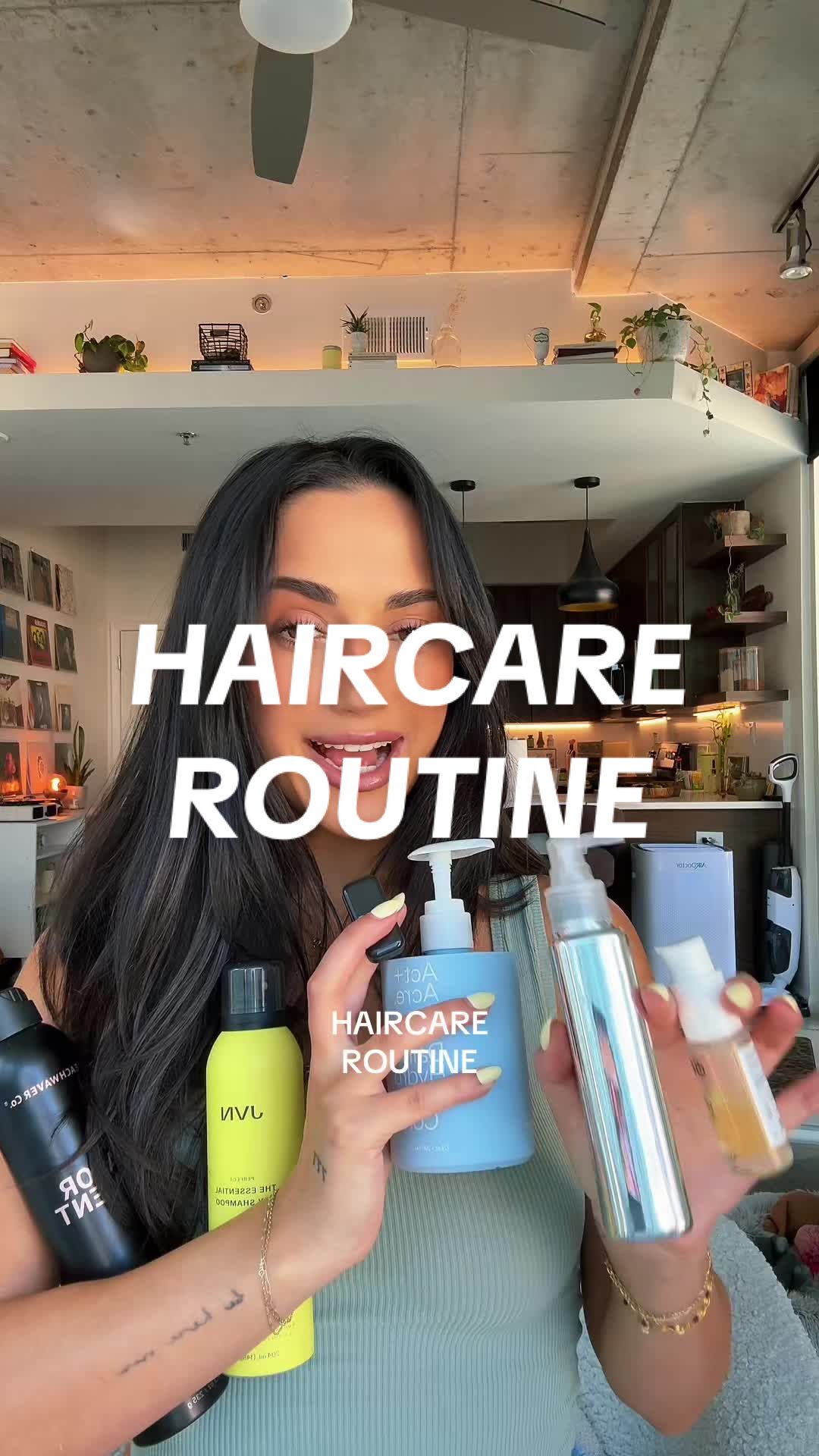 TikTok post by @daniellalopez9988 for ActandAcre. Caption reads: my haircare routine #haircare #haircareroutine....