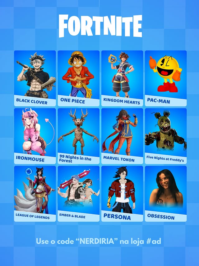 Instagram post by @nerdiria for Fortnite. Caption reads: ⏳Colaborações para 2026! #fortnite • One Piece....