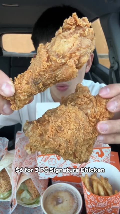 Instagram post by @thejcheneats for Popeyes. Caption reads: Trying @popeyes NEW $6 Faves 🔥

#PopeyesPartner....