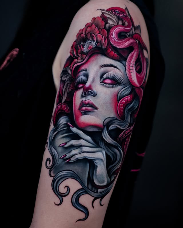 Instagram post by @happenink_tattoo for EZ Tattoo Supply. Caption reads: • look at my eyes, darling • Done using....