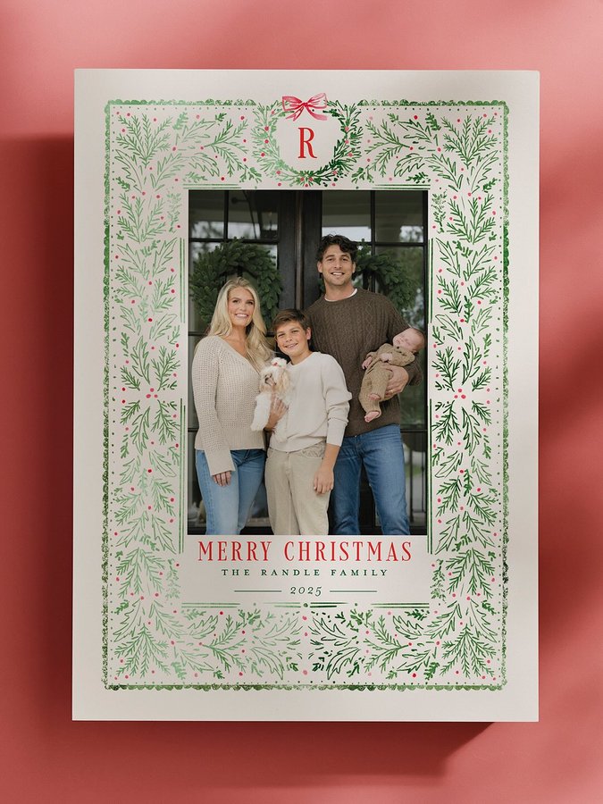 Instagram post by @madisonlecroy for Minted. Caption reads: Our first Christmas card with Teddi. I can’t wait....