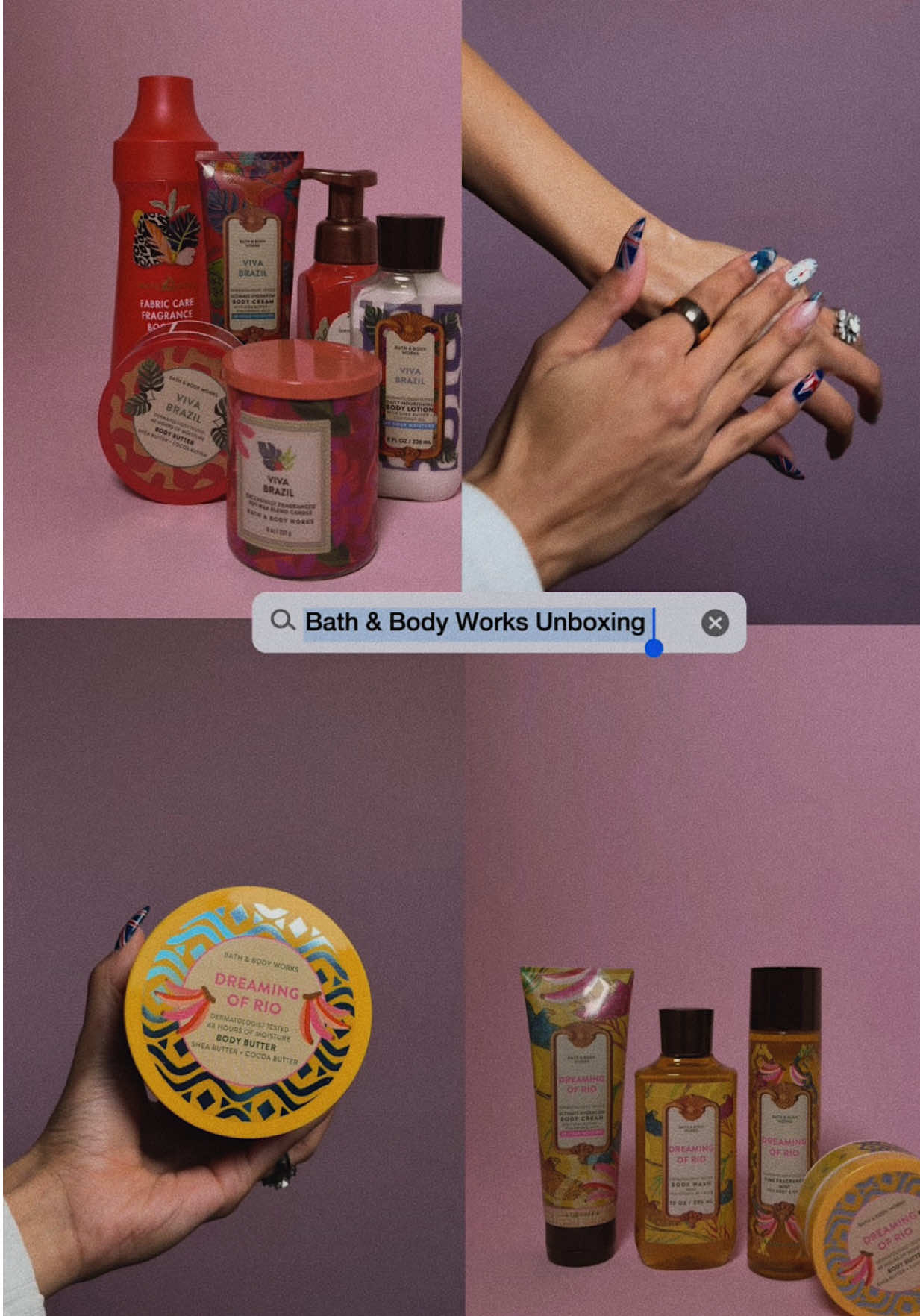 TikTok post by @monicamamudo for Bath & Body Works. Caption reads: UNBOXING @Bath & Body Works 🤎⛱️ 🥥 🎞️ ☁️ [...].