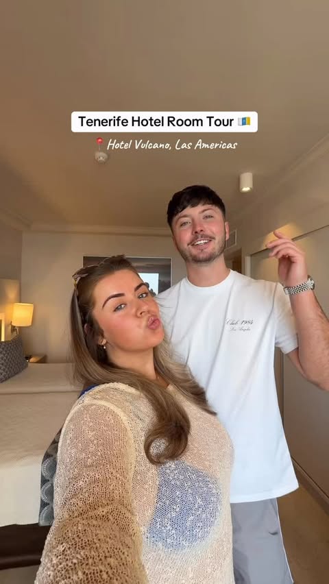 Instagram post by an influencer for Hotel Vulcano. Caption reads: Tenerife hotel room tour @hotelvulcano 🌴✨ AD PR....