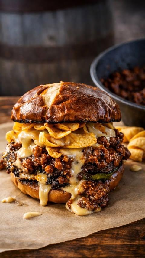 Instagram post by @boujeetexasbbq for TIKI Brand. Caption reads: Took this Frito Pie Smash Burger straight to the....