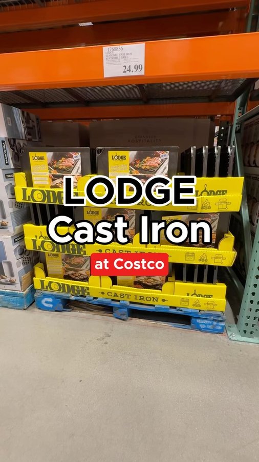 Instagram post by @costcohype for Lodge Cast Iron. Caption reads: @lodgecastiron Double Sided Grill/Griddle is NOW....