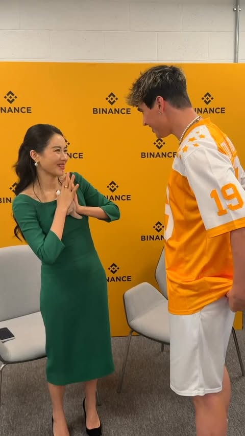 Instagram post by @fonziegomez for Binance. Caption reads: Yi He co-founder @binance, billionaire, and....