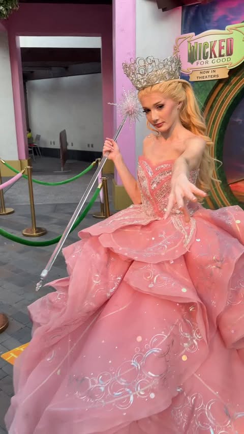 Instagram post by @itschristianeverywhere for Universal Studios Hollywood. Caption reads: Walking Down The Yellow Brick Road With Glinda! 🫧.