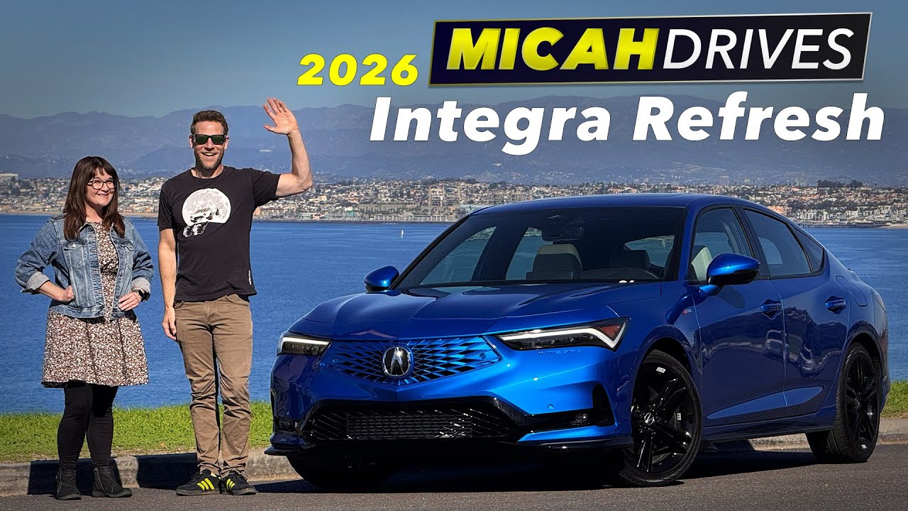 YouTube post by @MicahMuzio for Flying Eyes Optics. Caption reads: 2026 Acura Integra Review | Improved Enough?.