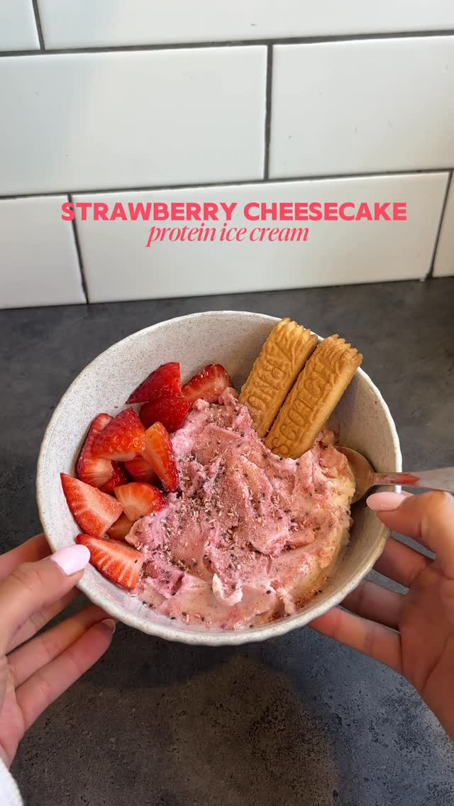 Instagram post by @tegandoranfitness for Mingle Seasoning. Caption reads: Strawberry cheesecake protein ice cream using....