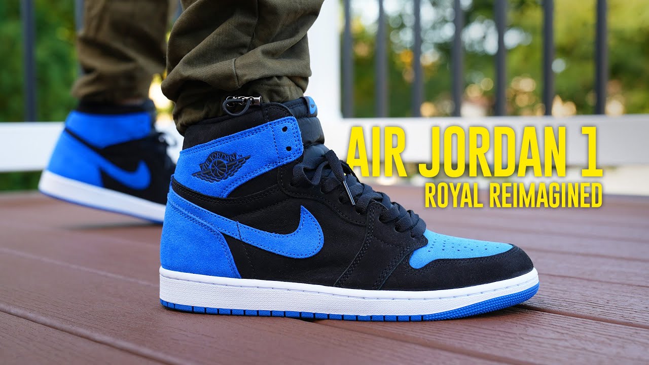 YouTube post by @SethFowler for Sole Premise. Caption reads: Air Jordan 1 Royal Reimagined Review & On Feet.