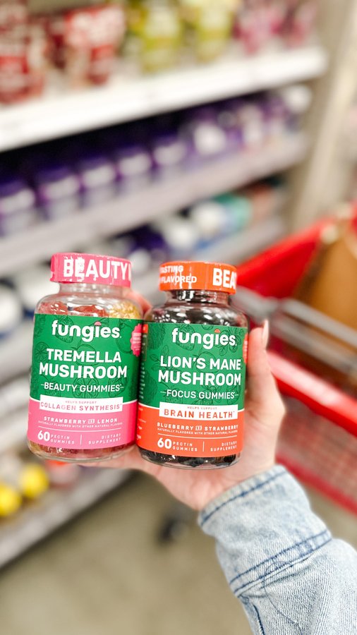 Instagram post by @allthingstarget for Fungies. Caption reads: [...] in gummy form?! 🍄 #ad I spotted @eatfungies....