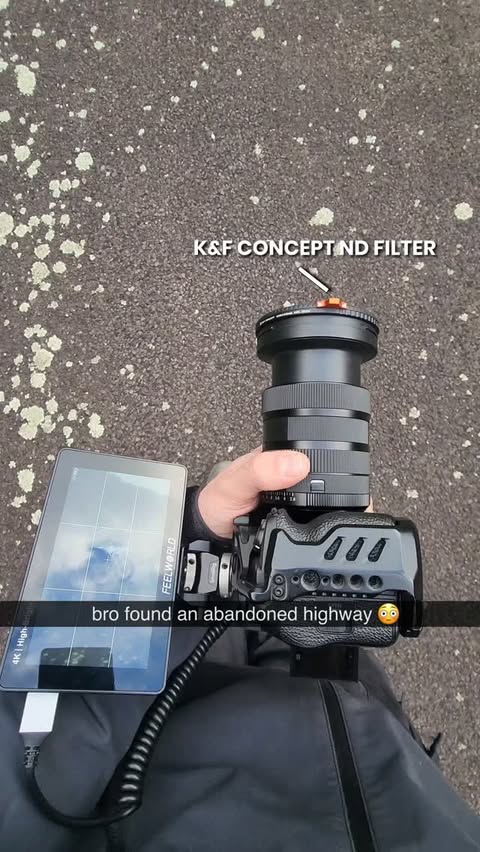 Instagram post by @str1kestudioz for K&F CONCEPT. Caption reads: [...] abandoned highway 👀 📸 Shot with the K&F....