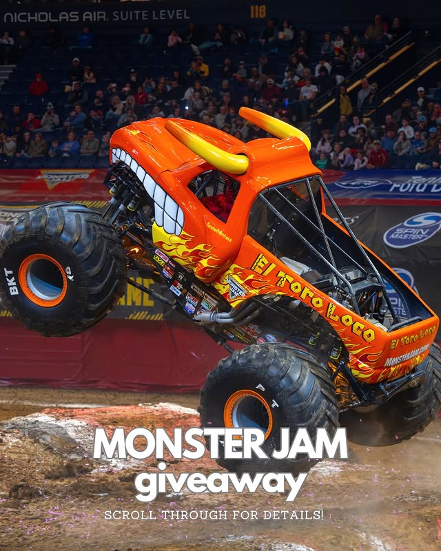 Instagram post by @whatshouldwedotoday_cbus for Monster Jam. Caption reads: GIVEAWAY CLOSED Monster Jam Freestyle Mania 📆....