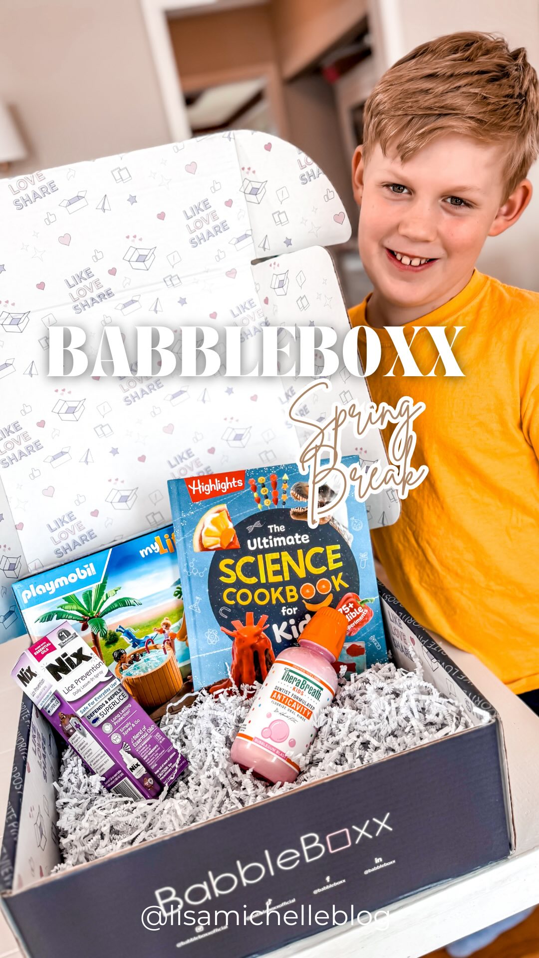 Instagram post by @lisamichelleblog for Babbleboxx. Caption reads: Spring Break is here, and adventure awaits! Unlock....