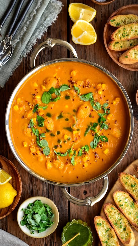 Instagram post by @zimmysnook for Hestan Culinary. Caption reads: Roasted Carrot Chowder with Butter Beans & Corn....