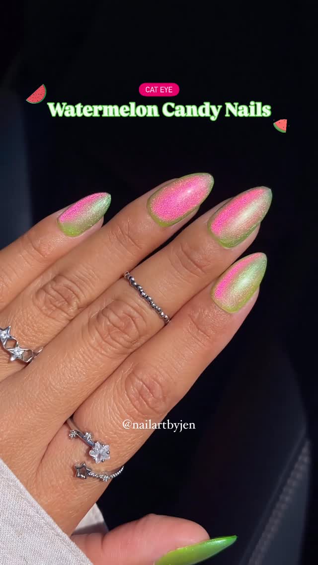 Instagram post by @nailartbyjen for Refinery29. Caption reads: Watermelon candy cat eye nails!
✨🍉🧲💅🏽✨ 
Sneak....