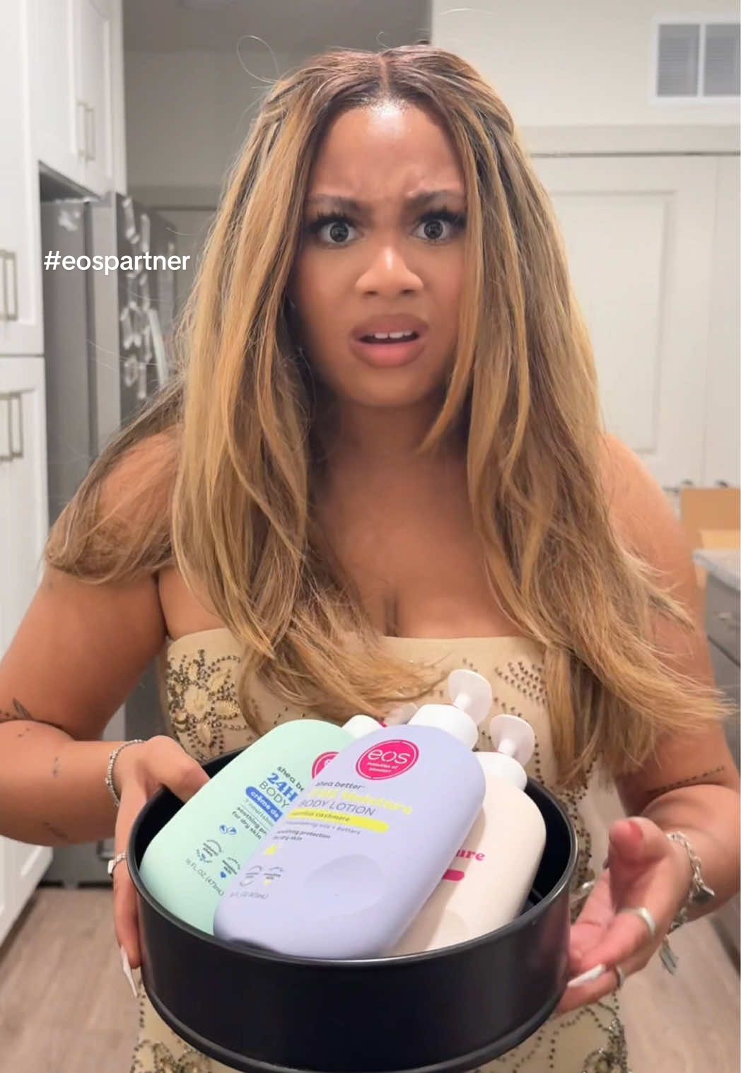 TikTok post by @dasani.dior for eos Products. Caption reads: @eos Products has the girls cooking up some tasty....