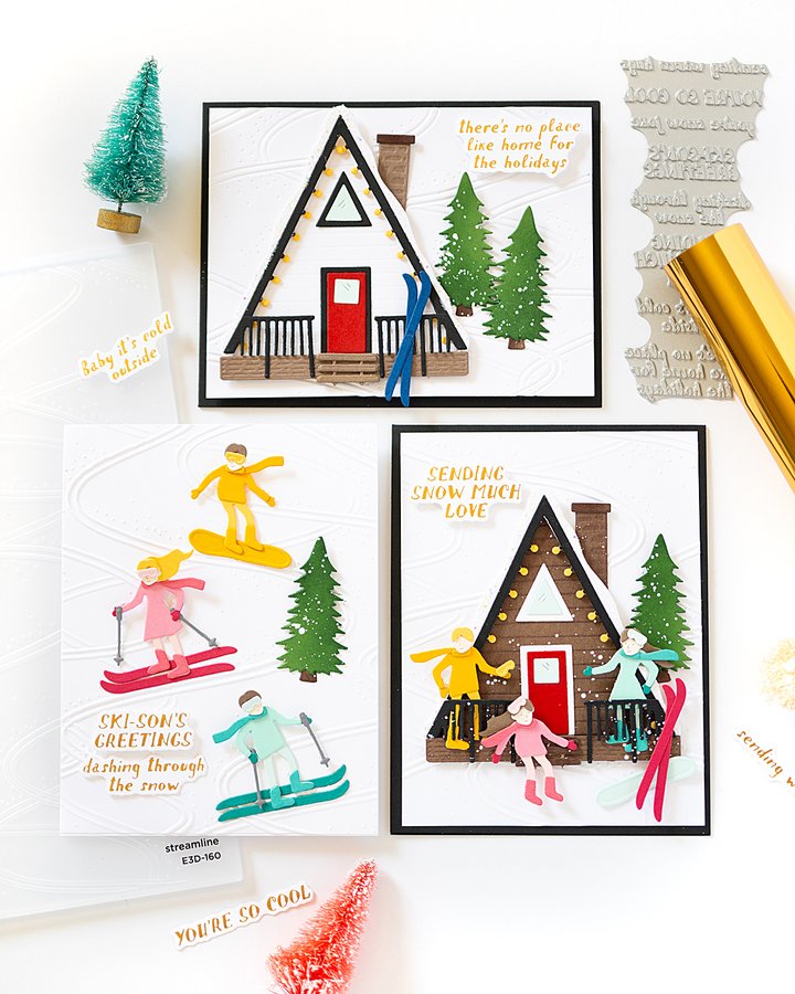 Instagram post by @lealawsoncreates for Spellbinders Paper Arts. Caption reads: 🏔️ Snowy slopes and cozy cabins? That’s just a....