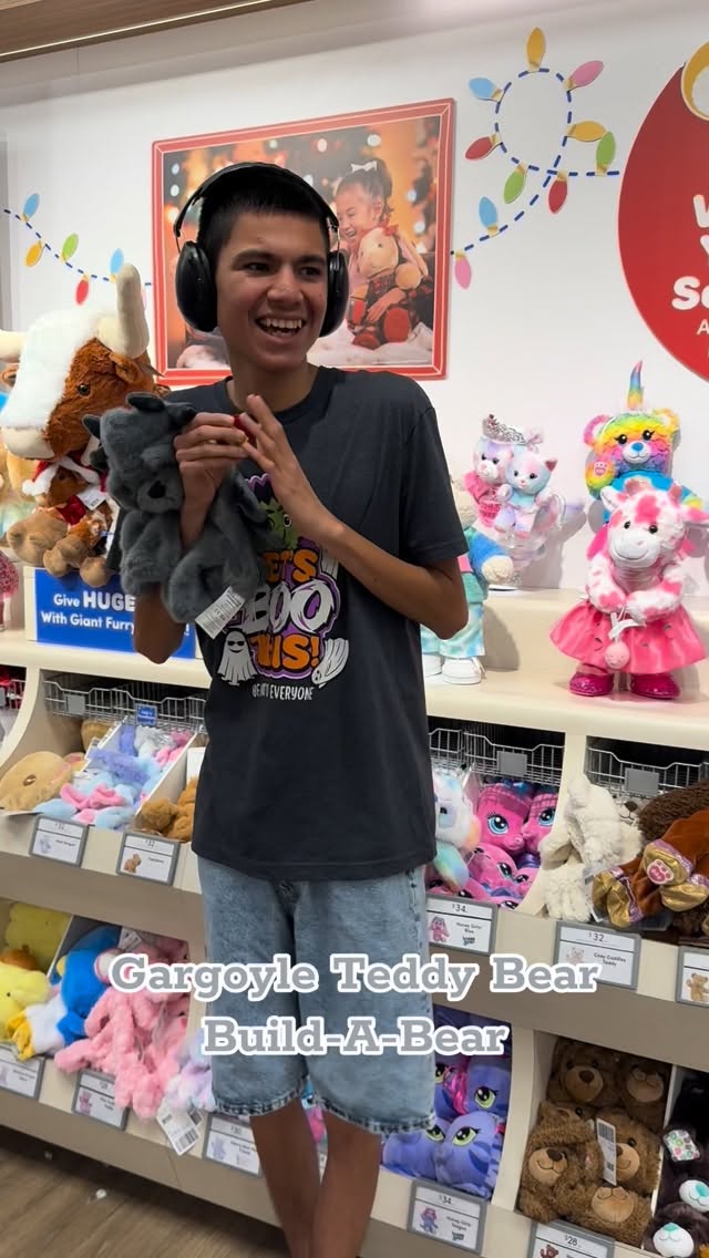 Instagram post by @magicwiththomas for Build-A-Bear. Caption reads: Thomas stuffing the Gargoyle Teddy Bear....