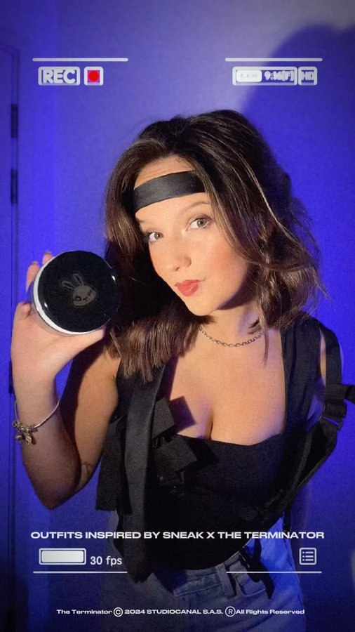 Instagram post by @bellaprichard_ for Sneak Energy. Caption reads: [...] INSPIRED BY THE TERMINATOR 🦾😎 AD Sneak....