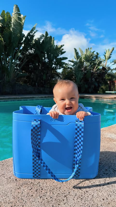 Instagram post by @tina.cohen for Owala. Caption reads: [...] bags are a must as a new mom 🩵 Mahalo....