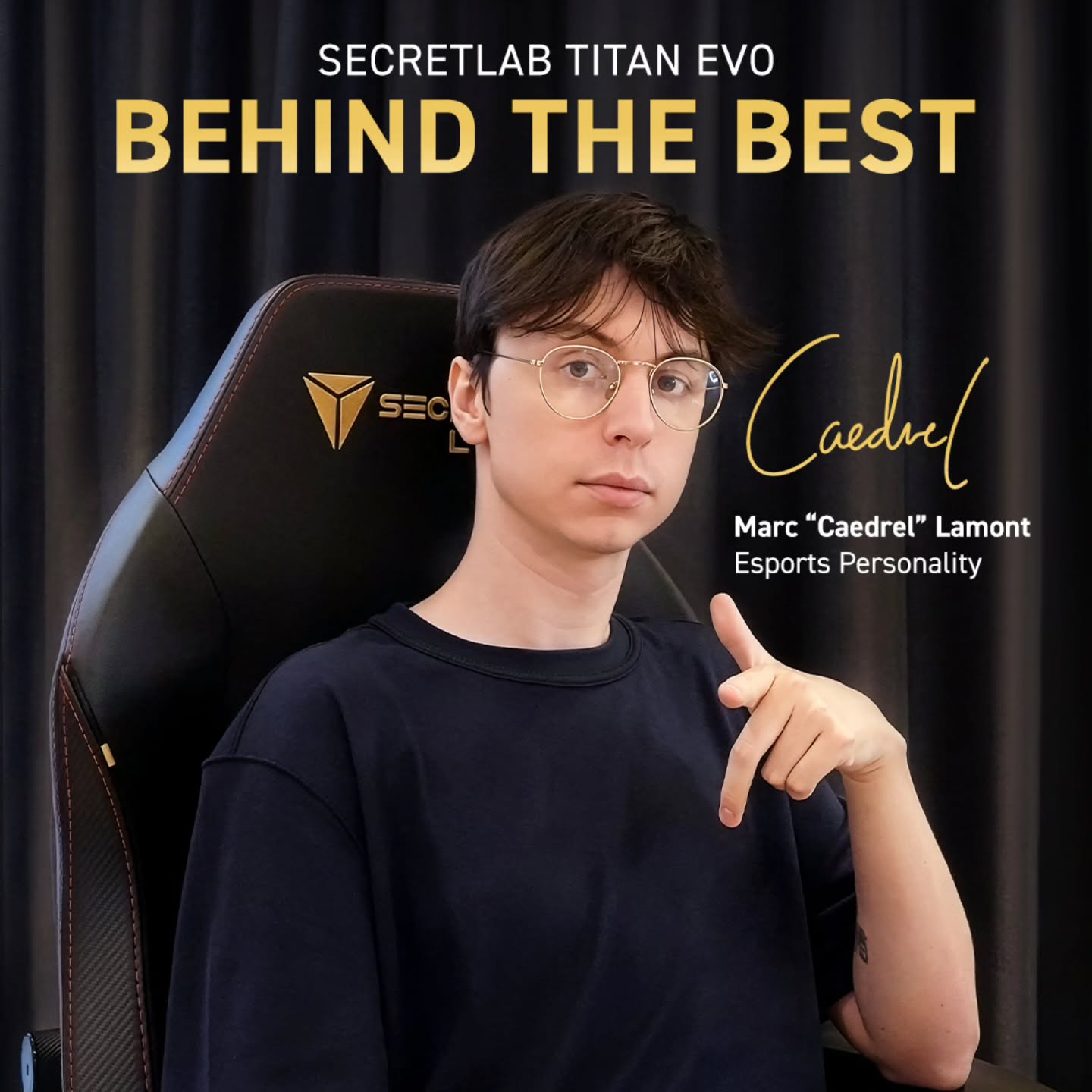 Instagram post by @caedrel for Secretlab. Caption reads: Excited to announce I'm now a partner with....