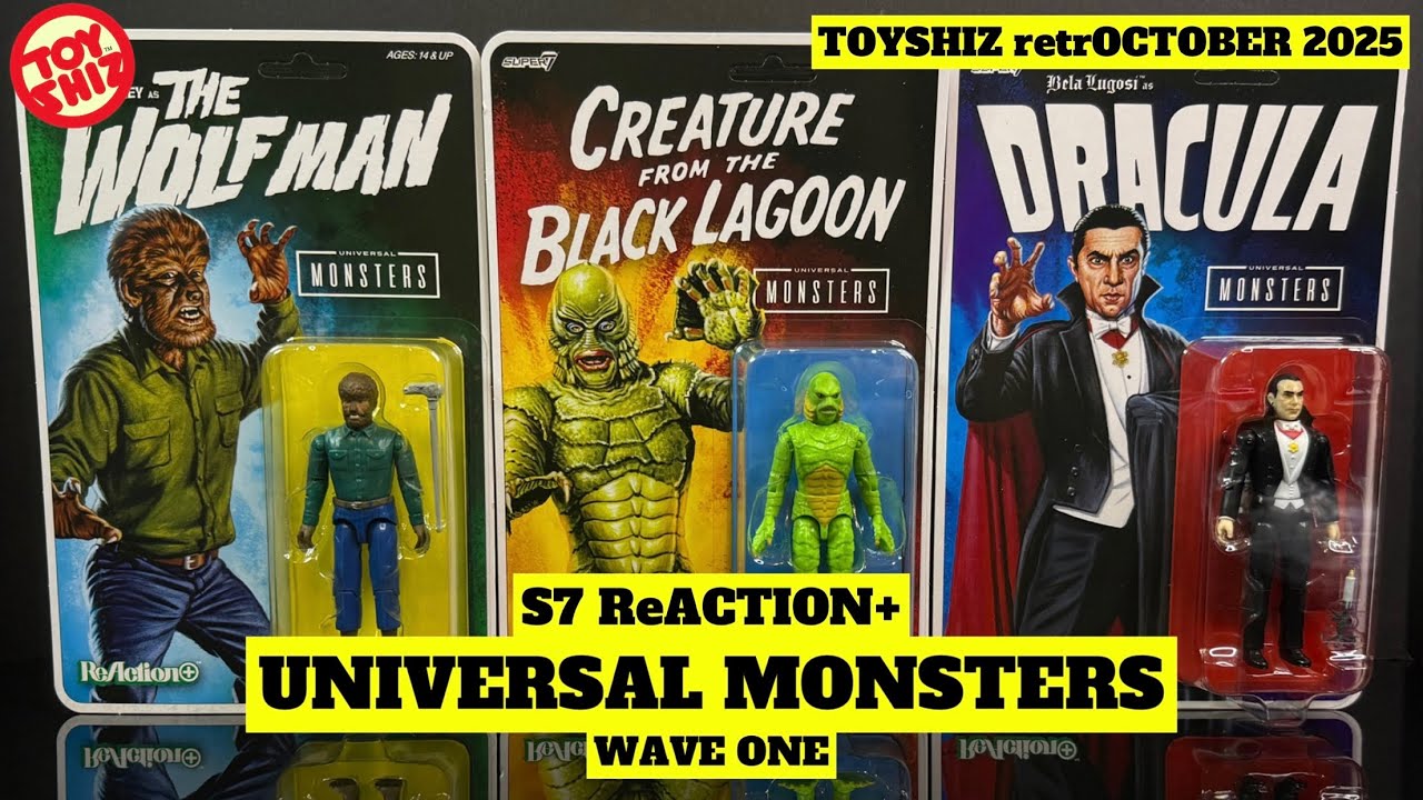 YouTube post by @ToyShiz for Super7. Caption reads: 2025 UNIVERSAL MONSTERS/GI JOES | ReACTION+ |....