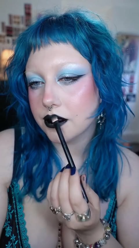 Instagram post by @pippambarnes for KALEIDOS. Caption reads: [...] ‘Blackberry’ lip stain* @kaleidosmakeup ‘Sky....