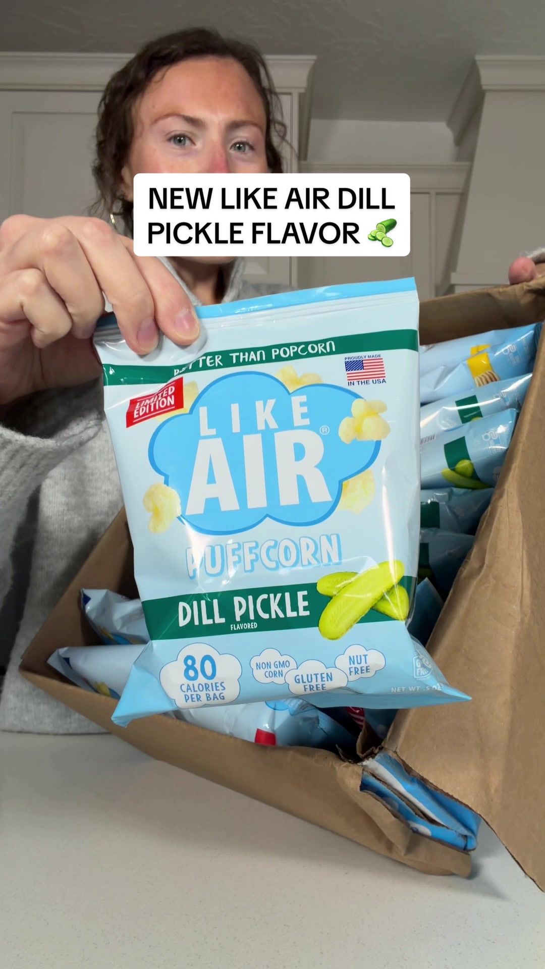 TikTok post by @morganchompz for Like Air Puffcorn. Caption reads: [...] Air flavor is…. DILL PICKLE! 🥒 @Like Air....