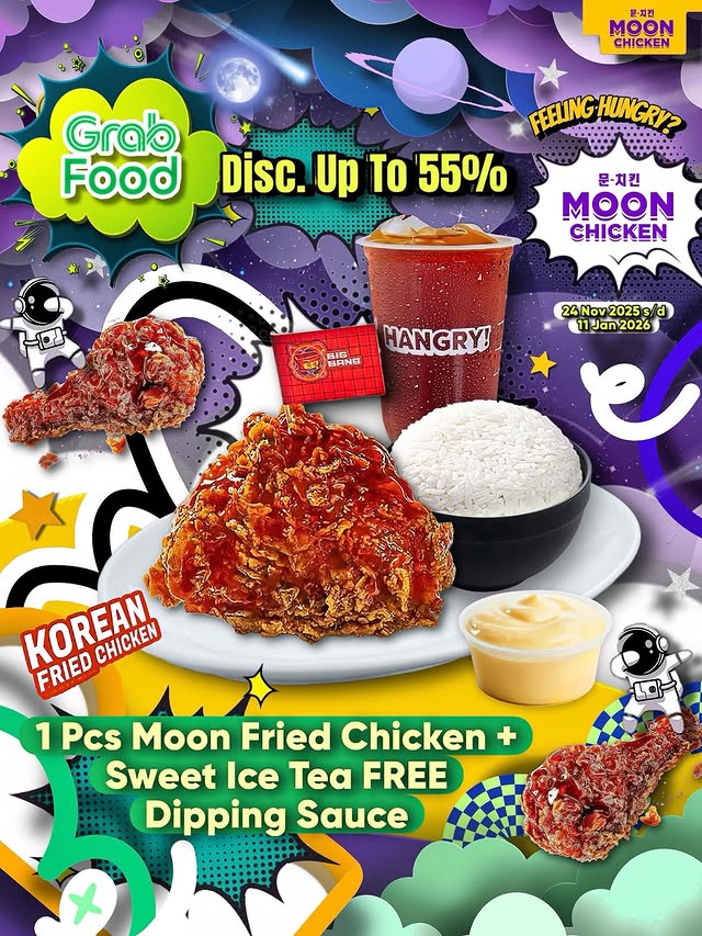 Instagram post by @songofmarch for GrabFood Indonesia. Caption reads: - Buat pecinta Korean Fried Chicken Moon Chicken....