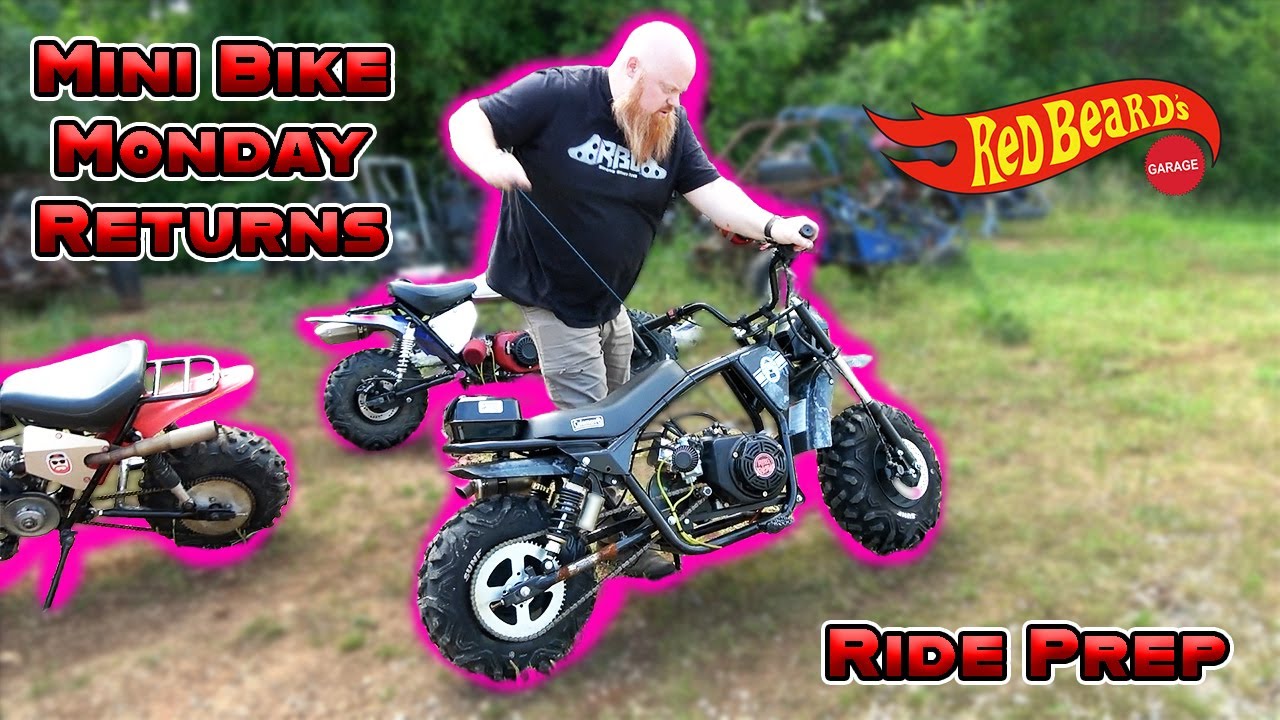 YouTube post by @RedBeardsGarage for Electro & Company. Caption reads: Built Mini Bike Tune Up ~ Mini Bike Monday Returns.