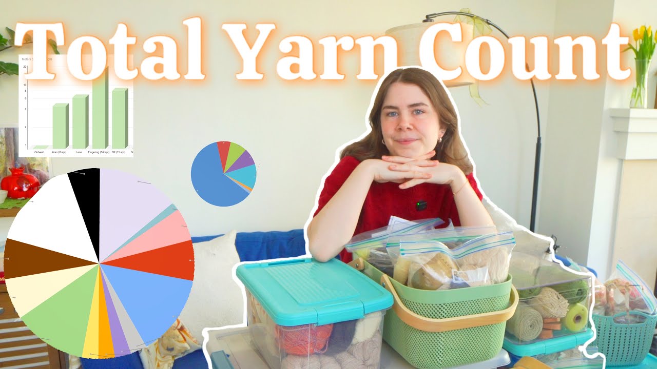YouTube post by @knittingwitheve for Ana Luísa Bolos e Doces. Caption reads: full yarn stash breakdown & statistics + new 2026....