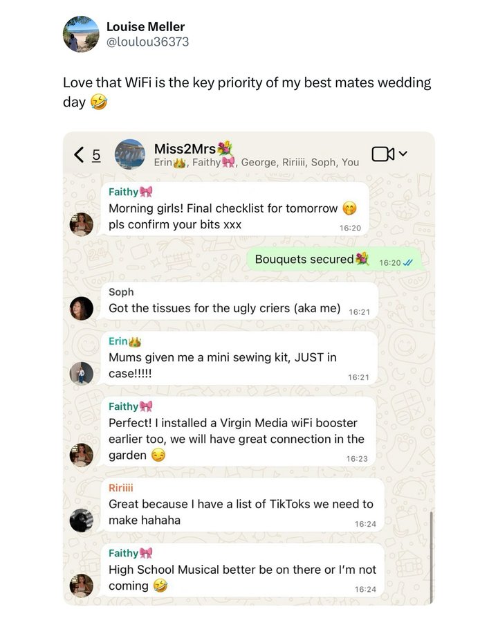 Instagram post by @theinbetweeniez for Virgin Media Ireland. Caption reads: Key bridal responsibilities 🤣ad.