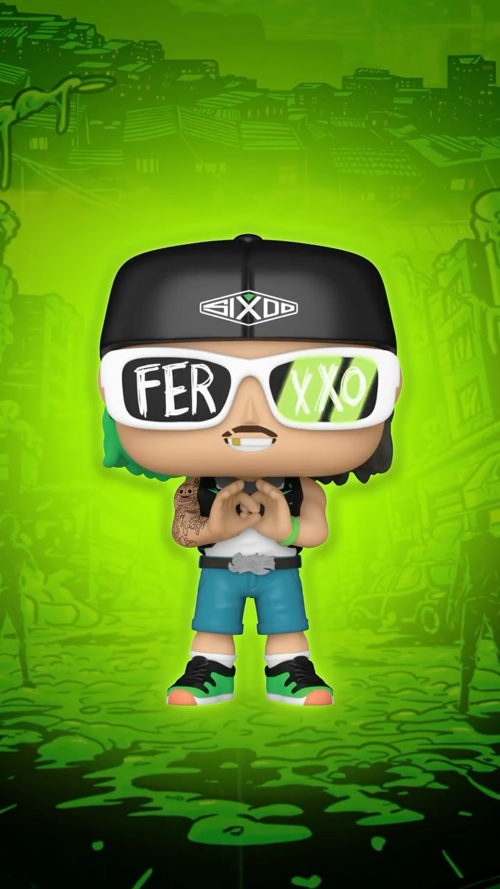 Instagram post by @feid for Funko. Caption reads: ¡Hey mor! 🦎🍀🌴🐍🐸🥑🐛🐢🥝 ⁣
⁣
POP! Ferxxo....