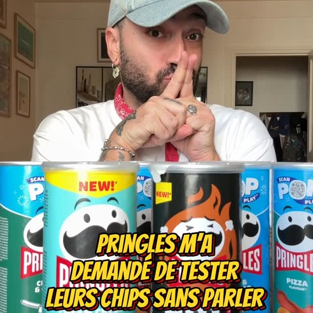 Instagram post by @monsieurthomasoff for Pringles. Caption reads: Je teste SANS PARLER les saveurs de Pringles dont....