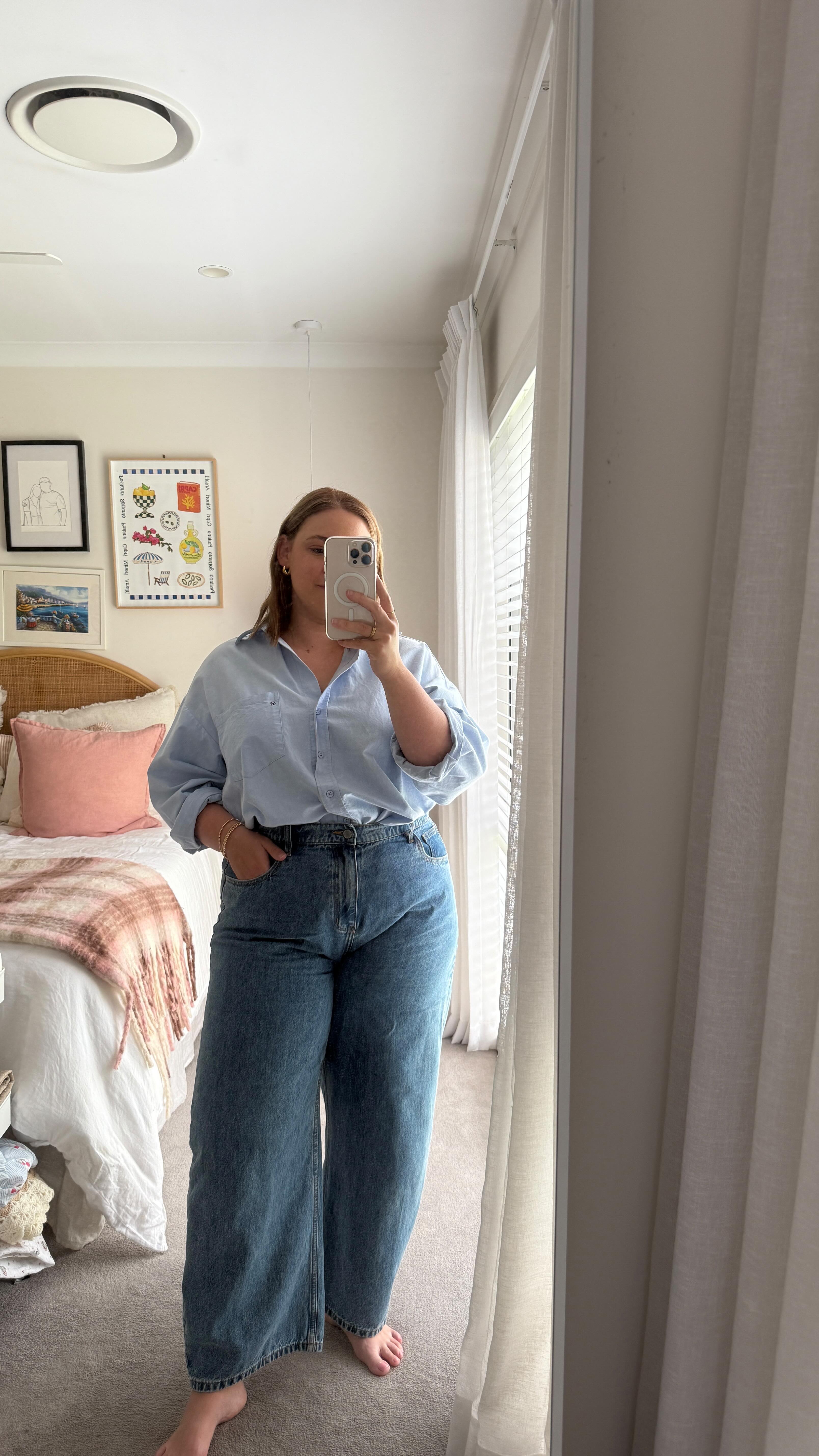 Instagram post by @itsrachelwaddell for Feather + Noise. Caption reads: Happy new Lola barrel leg jeans day to all who....