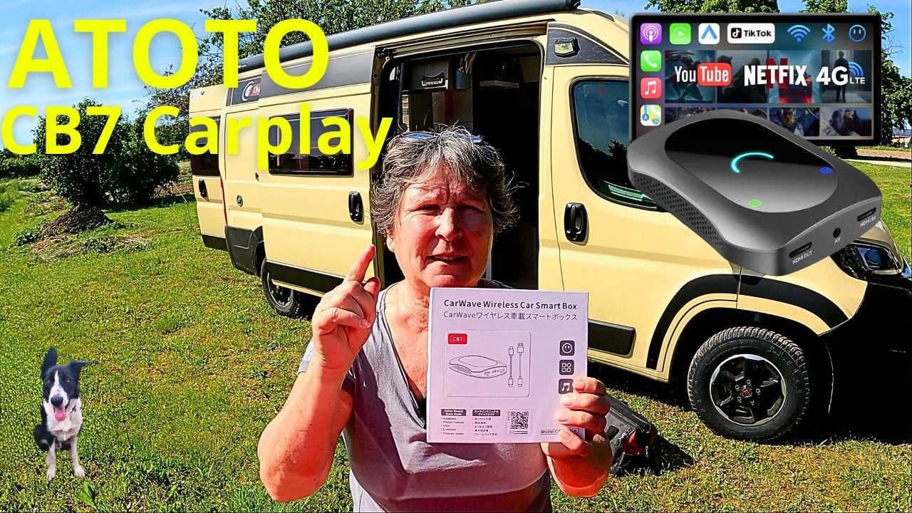 YouTube post by @sylvievanlifeavecyellow for ATOTO. Caption reads: I'm testing the ATOTO CB7 CarPlay AI Box.