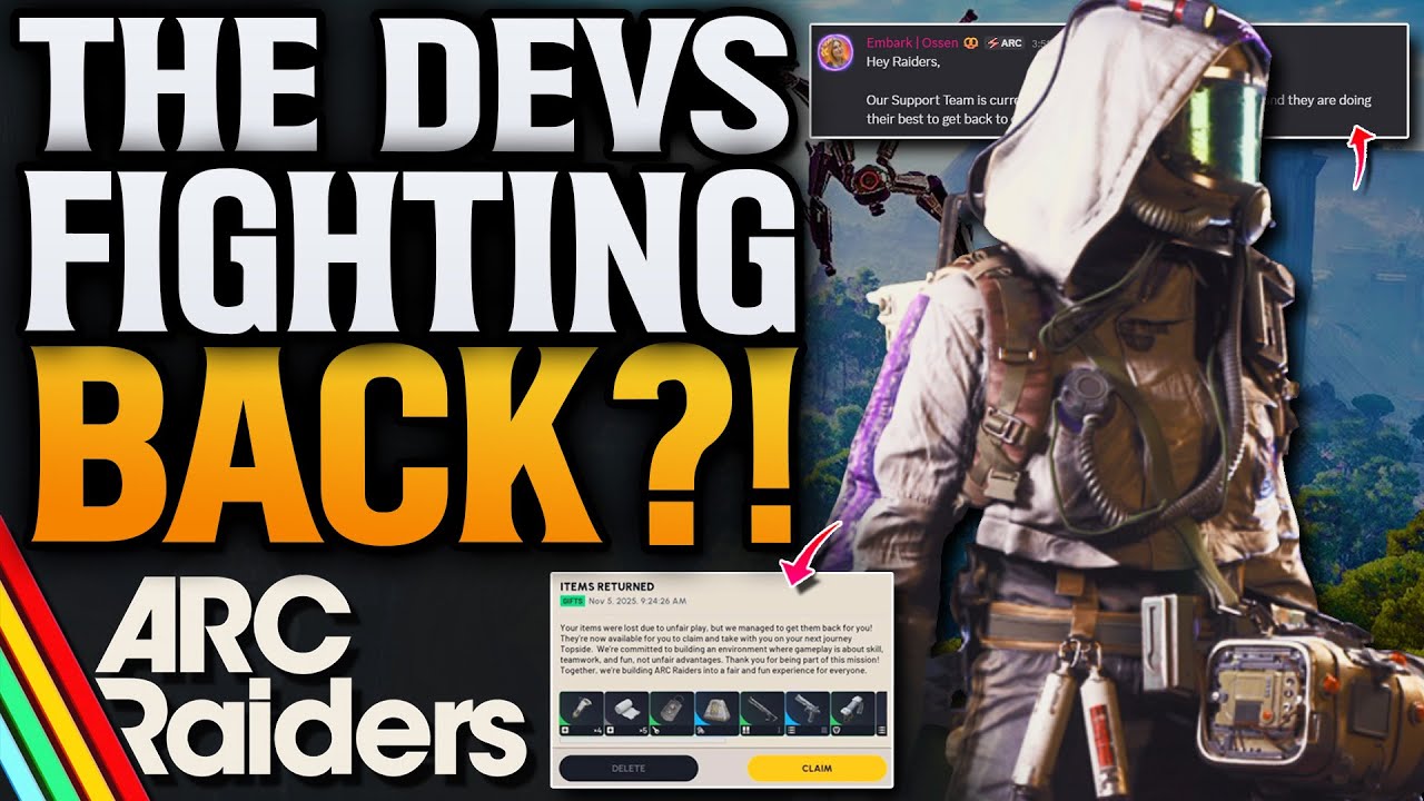 YouTube post by @cloudplays for Instant Gaming. Caption reads: ARC Raiders Devs Fight Back! Leader boards Broken....