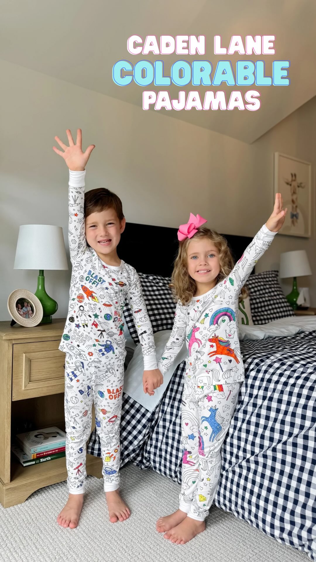 Instagram post by @kristinahendley for Caden Lane. Caption reads: Pajamas they can actually draw on?! 🎨 My kids are....