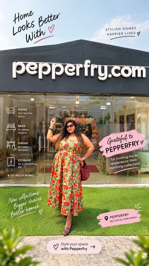 Instagram post by @karthika_195 for Pepperfry. Caption reads: [...] exciting! 🏠 Stepping into the new Pepperfry....