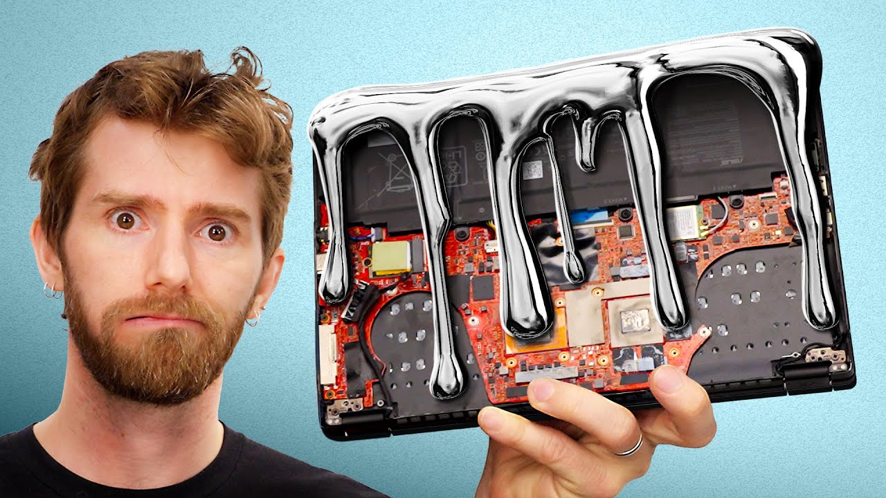 YouTube post by @LinusTechTips for Dbrand. Caption reads: Liquid Metal Killed my Laptop… Now What?.
