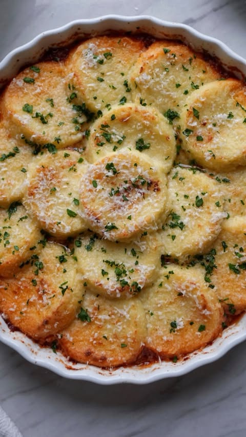 Instagram post by @redgoldtomatoes for The Feedfeed. Caption reads: (ad) This Gnocchi alla Romana is baked in tomato....