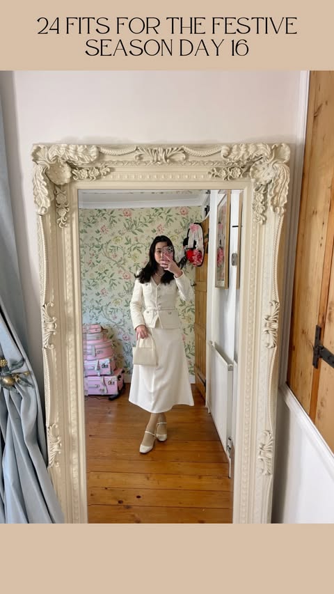 Instagram post by @hellomissjordan for LK Bennett. Caption reads: 24 FITS FOR THE FESTIVE SEASON 🤍✨ We’re back on....