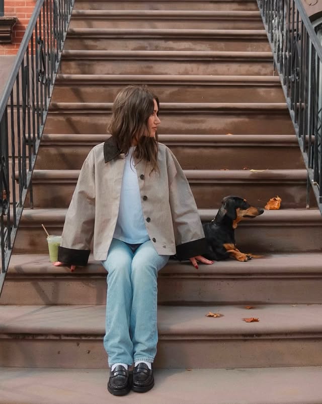 Instagram post by @carlyrivlin for J.Crew. Caption reads: Barn jacket season is my favorite season @jcrew....